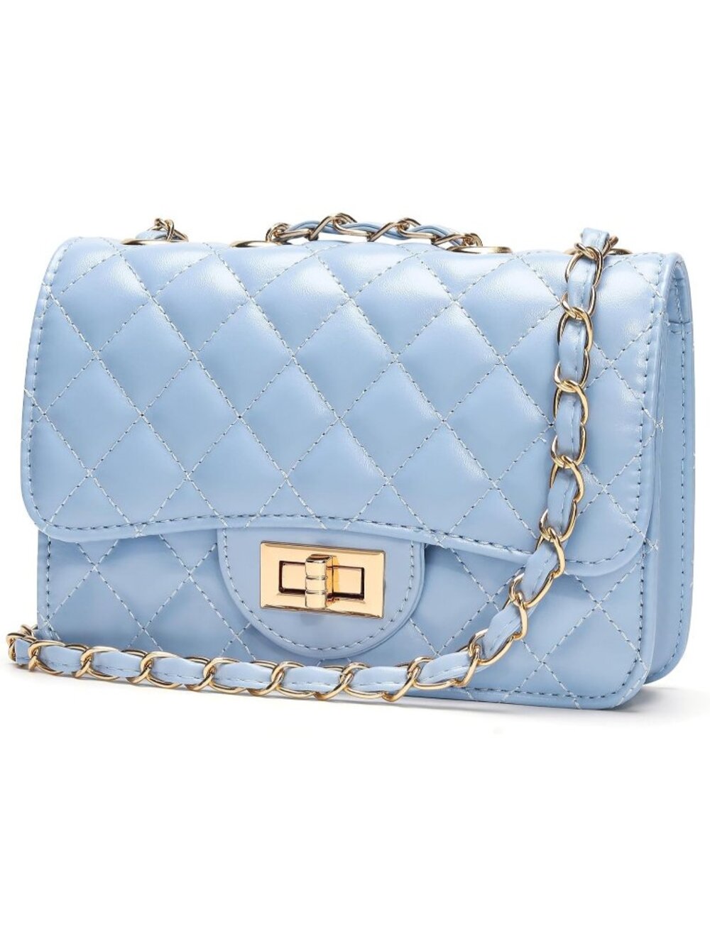 Women's Light Blue PU Leather Satchel Small Quilted Purse Chain Crossbody Bags